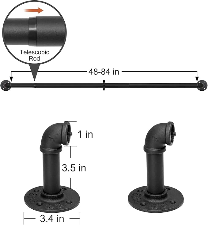 Refrze Curtain Rods for Windows 48 to 84 Inch, 1"Black Curtain Rod Industrial Wrap Around,Adjustable Heavy Duty Blackout Curtain Rods for Ceiling,Bedroom,Outdoor Patio
