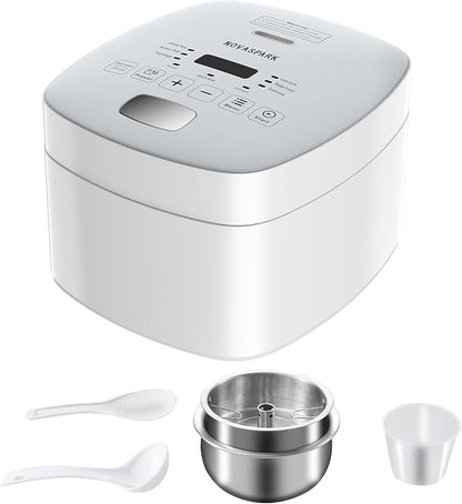 Novaspark Low Carb Rice Cooker Stainless Steel Inner Pot, Mini Stainless Steel Rice Cooker Small 5 Cup, LED Display Low Sugar Rice Maker, 24H Timer and Auto Keep Warm, White Rice/Porridge/Oatmeal, White