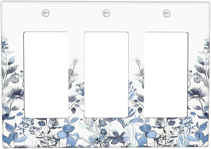 Light Switch Covers Light Blue Watercolor Leaves Plant With Floral 3 Gang Rocker Electrical GFCI Decorative Triple Outlet Wall Plate Cover Switchplate for Bedroom Bathroom Decor