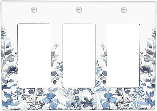 Light Switch Covers Light Blue Watercolor Leaves Plant With Floral 3 Gang Rocker Electrical GFCI Decorative Triple Outlet Wall Plate Cover Switchplate for Bedroom Bathroom Decor