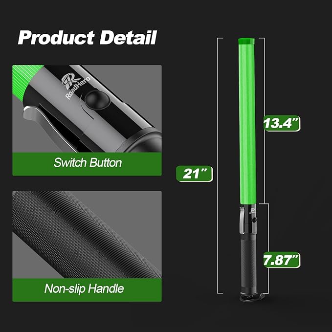 RoadHero 1 Pack 21 Inch Traffic Wands, Green Led Traffic Control Baton, Night Safety Light Wand with 2 Flashing Modes, Air Marshaling Signal Wand with Side Clip for Airport, Parking, Car Directing