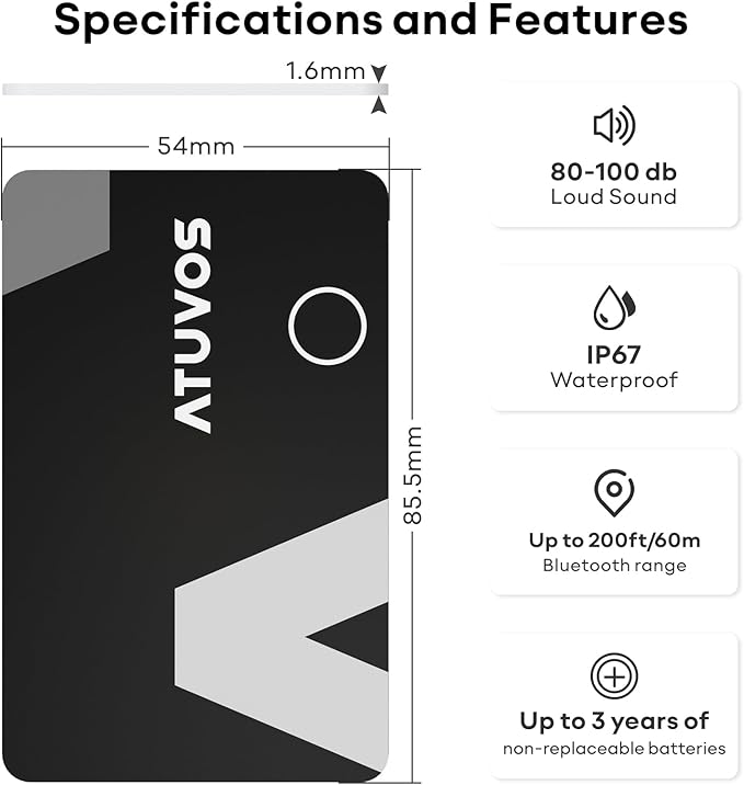 ATUVOS Wallet Tracker Card Ultra-Thin 1.6mm, Smart Air Tag Bluetooth Tracker Works with Apple Find My (iOS Only), Item Finder Tag for Luggage, Passports, 3-Year Battery Life, IP67 Waterproof, 1 Pack