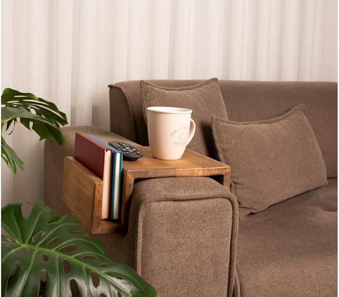 Wooden Couch Arm Tray – Sofa Armrest Table with Book & Magazine Holder, Perfect for Coffee & Remote Control, Solid Wood (Cape Town)