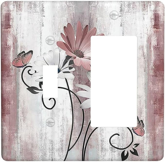 Outlet Covers Pink White Daisy Butterfly Wood Grain 1 Toggle 1 Rocker Combination Decorative Wall Plate Electrical Switch Plates Light Switch Cover Plate for Farmhouse Bathroom Decor