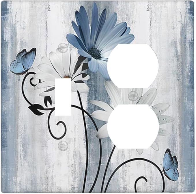 Decorative Outlet Covers Rustic Blue White Daisy Ink Flower 2 Gang Light Switch Cover Plate Single Toggle Duplex Wall Plates for Electrical Outlets Switch Plate Covers for Bedroom Home Decor