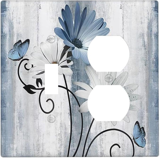 Decorative Outlet Covers Rustic Blue White Daisy Ink Flower 2 Gang Light Switch Cover Plate Single Toggle Duplex Wall Plates for Electrical Outlets Switch Plate Covers for Bedroom Home Decor