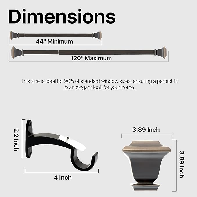 Deco Window Adjustable Curtain Rod for Windows 44 to 120 Inch (Pack of 1) Extendable Heavy Duty 1 Inch Iron Drapery Pole with Finials Wall Mounted French Door Curtain Rods (Bronze)