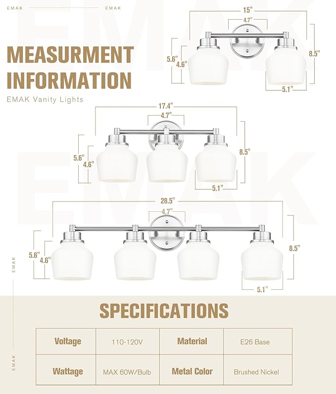 Emak Brushed Nickel Bathroom Light Fixtures Over Mirror, Modern 29 Inch Milk Glass Vanity Light, 4-Light Wall Sconces for Bathroom, Mirror, VL122-BN-ML-4