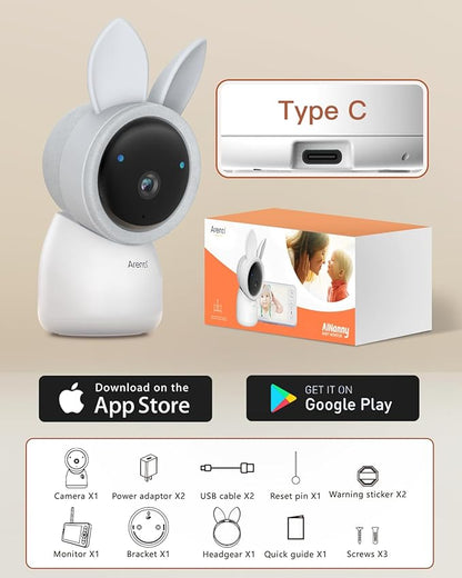 ARENTI Baby Monitor with 2 Cameras, 2K Smart Baby Camera with 5'' Upgraded Wireless Display, Super Night Vision, Breathing Light, Lullabies, Cry&Motion Detection, Temp&Humidity Sensor, 2 Way Audio