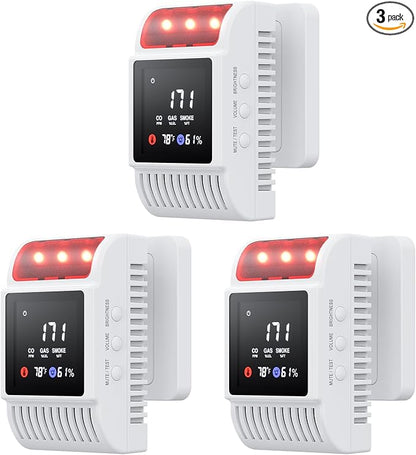 Carbon Monoxide Detectors & Gas Detector, Smoke and Carbon Monoxide Detector Battery Backup with Temperature Humidity Detection, Fire Alarms Smoke Detectors Adjustable Brightness & Sound 3 Pack