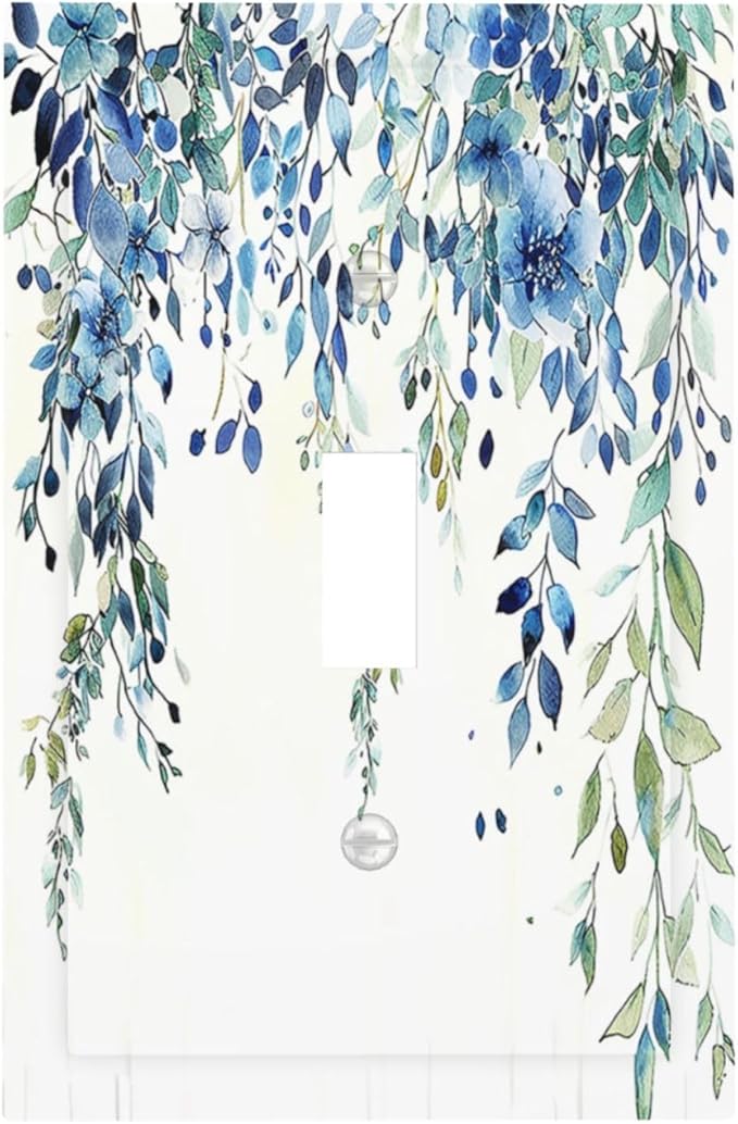 Decorative Light Switch Cover Boho Vintage Flowers Blue Green Sage 1 Gang Single Toggle Device Electrical Faceplate Switchplates Decorator Outlet Wall Plate for Bedroom Farmhouse Decor
