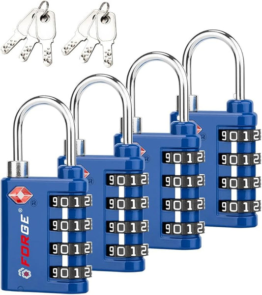 Forge Dual-Opening: Key or Combination Lock, TSA Approved Lock for Luggage, Pelican case, Travel, Gym, School, Luggage Combination Lock, Travel Bag Lock (Blue 4 Pk)