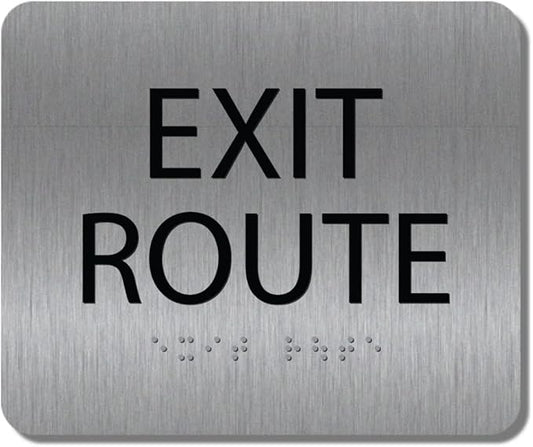 ALPHA DOG ADA SIGNS - Exit Route Sign with Braille for Your Business, 5x6 Inch, ADA Compliant, Indoor or Outdoor, Easy Installation, Made in the USA, Brushed Metal