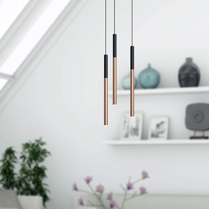 ALTAIR 3 Mini Pendant Lighting Black-Copper - LED Hanging Light Fixture for Kitchen Island, Bar, Foyer - Cluster Pendants - Dimmable, Adjustable Wire, Lamp Bulb Included