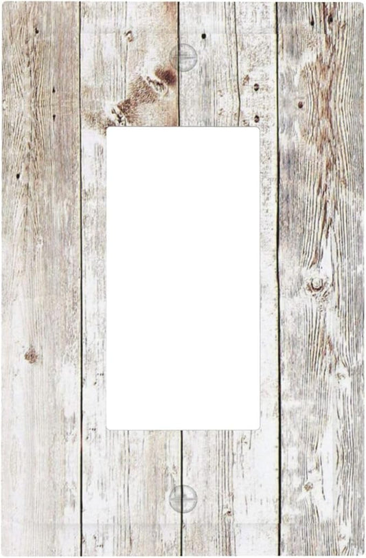 Vintage Light Wood Retro Rustic White Gray Oak Print Decorative Outlet Covers 1 Gang Single Rocker Light Switch Cover Plate Wall Plates GFCI Faceplate for Farmhouse Home Decor