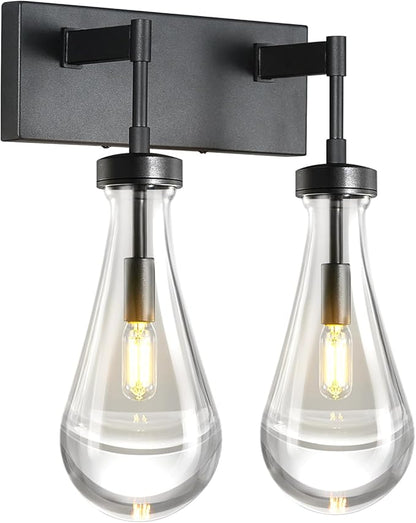Raindrop Wall Sconces Black Crystal Sconces Wall Decor Modern Brass Lighting Glass Bathroom Sconces Indoor Vanity Light Wall Lamp for Bedroom Living Room Stair(2-Light)
