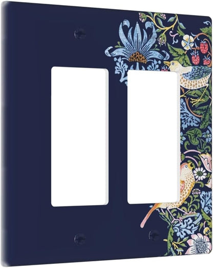 Decorative Outlet Covers Vintage Blue Morris Strawberry Thief Bird Flower 2 Gang Wall Plate Double Rocker Two Switch Wall Cover Plate Jumbo Dual GFCI Faceplate