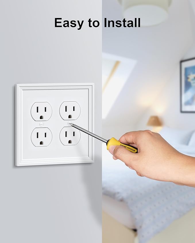 2-Pack Double Duplex Outlet Cover, Natural Bamboo Fiber Switch Plates and Outlet Covers, White Decorative Wall Plates for Electrical Outlets, 2 Gang Receptacle Cover, Corrosion Resistant