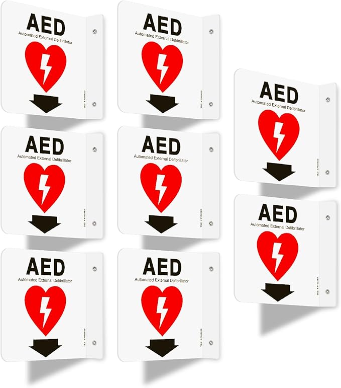 T&R AED Sign, Automated External Defibrillator with Down Arrow - 8 Pack - 6 x 6 Inches Acrylic, 2 pre-drilled holes, Includes Matching Screws, Use for Office/Business