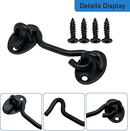 4 Pack 3" Hook and Eye Gate Latch, Stainless Steel Rust-Resistant Barn Door Lock Cabin Hooks for Gate Shutters Window Slide Barn Shed Cabinet Bathroom, with 16pcs Screw,Black