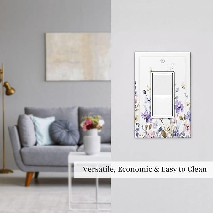 Decorative Outlet Covers Purple Floral Lilac Watercolor Flower Leaves Butterfly Wildflower 1 Gang Single Rocker Light Switch Cover Plate Wall Plates GFCI Faceplate for Bedroom Home Decor