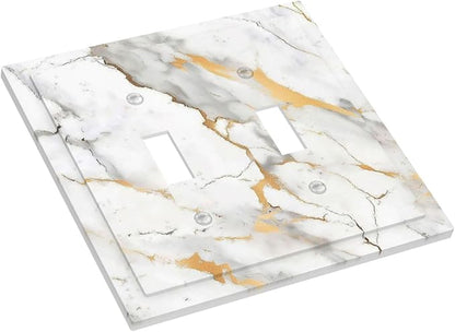 Decorative Switch Plates Marbling Style White Background Gold Gray Stripes 2 Gang Double Toggle Outlet Light Switch Cover Wall Plate Electrical Faceplate For Bathroom Kitchen Decor