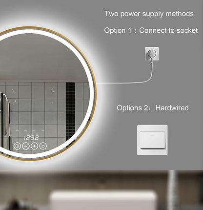 32 Inch Wall-Mounted Round Bathroom Mirror with LED-Lights - Frame Vanity Mirrors with Dimmable (32" x 32", Gold)