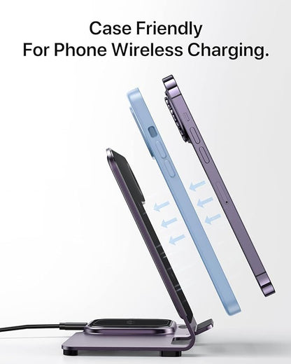 Intoval Metal Charging Station for iPhone 17/16/15/14/13/12/11/XS/XR/XS, 3 in 1 Wireless Charger for Apple Watch 11/Ultra 3/SE/10/9/8/7/6/5/4/3/2, for AirPods 4/Pro/Pro 2/3 (Y9,Purple)