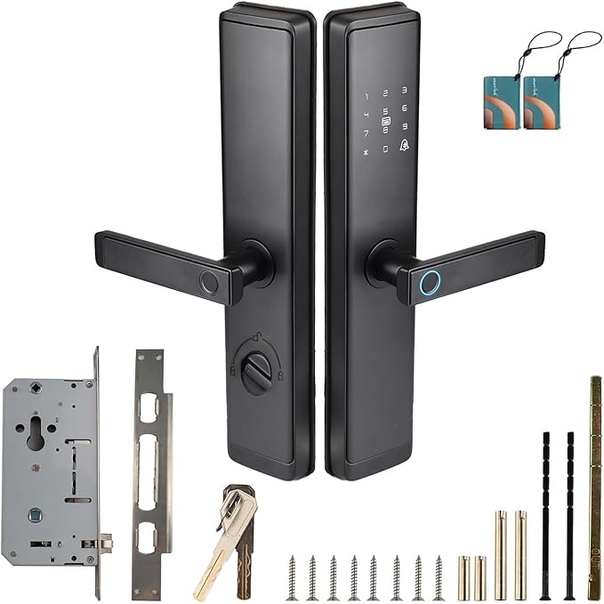 Fingerprint Door Lock with Handle - Tuya App Control & Mechanical Key Backup - 5-in-1 Keyless Entry Smart Lock - Fits 1.38-4.72inch Doors, Auto Lock & USB Emergency Power for Home, Office