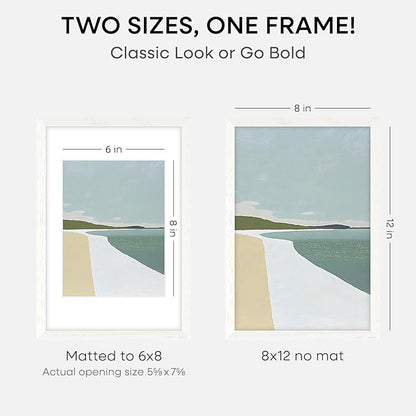 Homeforia 8x12 Picture Frame White, High End Oak 8 x 12 Wood Frames with Mat 6 by 8 Print, 8by12 Wooden Frame Matted to 6x8 inch Photo, 12x8 Wall or Tabletop Frames, Tempered Glass, Wall Kit, Set of 1