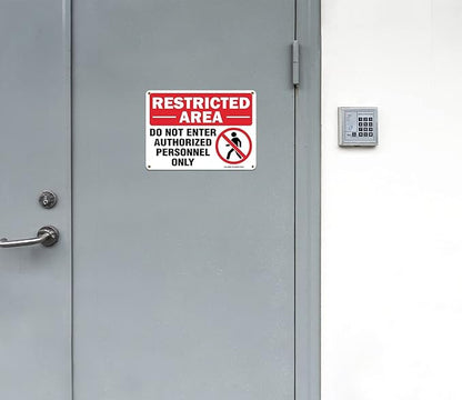 Restricted Area Do Not Enter Authorized Personnel Only Sign - 2 Pack - 10 x 7 Inches Rust Free .040 Aluminum - UV Protected, Waterproof, Weatherproof and Fade Resistant - 4 Pre-drilled Holes