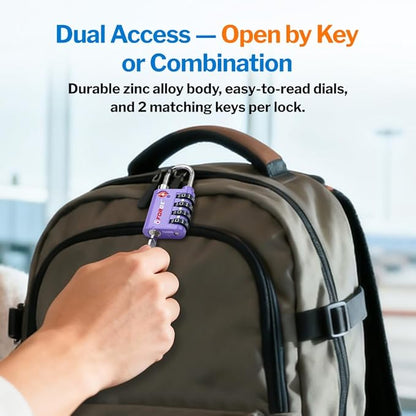 Forge Dual-Opening: Key or Combination Lock, TSA Approved Lock for Luggage, Pelican case, Travel, Gym, School, Luggage Combination Lock, Travel Bag Lock (Purple 2 Pk)