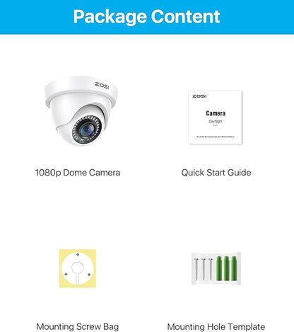 ZOSI 2MP HD Hybrid 4-in-1 Security Camera, 1080P 1920TVL Indoor Outdoor CCTV Dome Camera, 80ft Night Vision, IP66 Weatherproof, Compatible with HD-TVI, AHD, CVI and CVBS/960H Analog DVR Systems