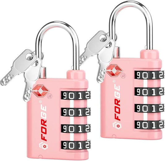 Forge Dual-Opening: Key or Combination Lock, TSA Approved Lock for Luggage, Pelican case, Travel, Gym, School, Luggage Combination Lock, Travel Bag Lock (Pink 2 Pk)