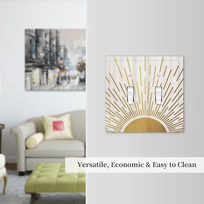Decorative Light Switch Cover Plate Boho Mid Century Gold Sun Sunbeams 2 Gang Outlet Covers Double Toggle Wall Plates for Electrical Outlets Switch Plate Covers Faceplate for Bedroom Decor