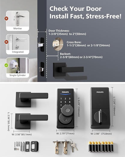 Philips Built-in WiFi Smart Lock + 2 Levels, Smart Locks for Front Door, Digital Keypad Deadbolt with Handle, Fingerprint, PIN Code, App Remote Control & Voice Unlock, Keyless Entry, Auto Locking