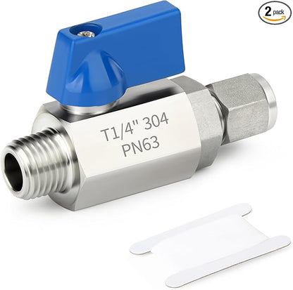 TAISHER 2PCS 304 Stainless Steel Compression Mini Ball Valve Shut Off Switch, 1/4" Tube OD x 1/4" NPT Male