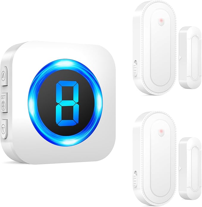 SURFOU Wireless Doorbell Chime with 2 Sensors 1 Receiver,Door Chimes When Door Opens,Door Sensor Chime,Alarms for Business/Home,Digital Doorbell Chime,55 Chimes 5 Volumes,1000FT/300M,IP55 Waterproof