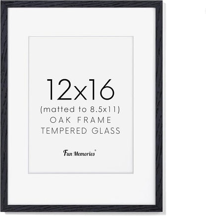 Black Picture Frame 12x16, Oak Wood 12"x16" Photo Frame for Wall, 12x16 Frame with Mat for 8.5x11, 12 x 16 Poster Frames - Tempered Glass (Black, 1 Pack)