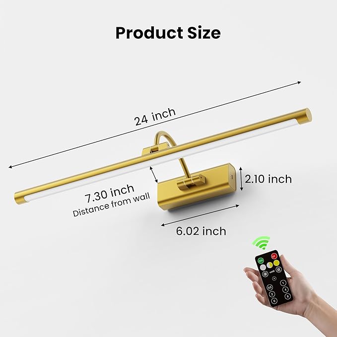 2 Pack 24" Brass Gallery Picture Lights - 8000mAh Rechargeable Battery Powered Wireless Lighting for Large Gallery, Museum & Living Room