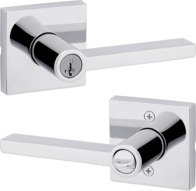 Kwikset Halifax Entry Door Handle with Lock and Key, Secure Keyed Reversible Lever Exterior, Doorlock, For Front Entrance and Bedrooms, Polished Chrome, Pick Resistant Smartkey Rekey Security