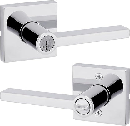 Kwikset Halifax Entry Door Handle with Lock and Key, Secure Keyed Reversible Lever Exterior, Doorlock, For Front Entrance and Bedrooms, Polished Chrome, Pick Resistant Smartkey Rekey Security