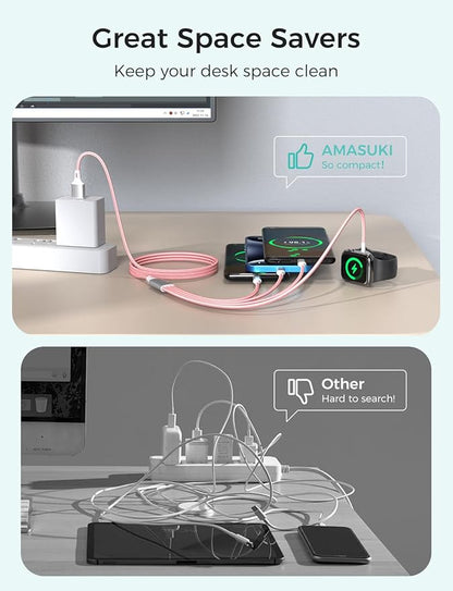 Travel Essentials,4 in 1 for Apple Watch Charger/iPhone Charger/Multi Charging Cable,Vacation RV Camping Essentials,USB C/L/Micro Portable Charger for iWatch 11-1/iPhone 17-12,Car&Gift-Pink