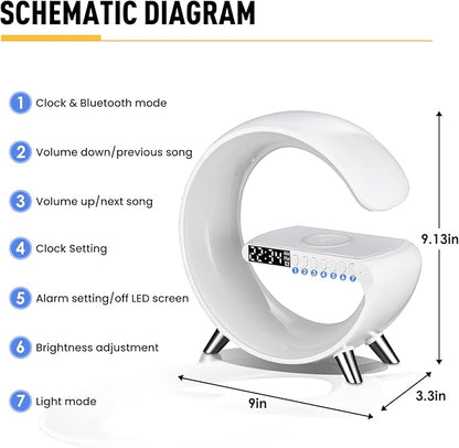 Smart LED Table Lamp, 4-in-1 Wireless Charger, Night Light, Alarm Clock, and Bluetooth Speaker with App Control for Bedroom, Office, and Home Decor (White)