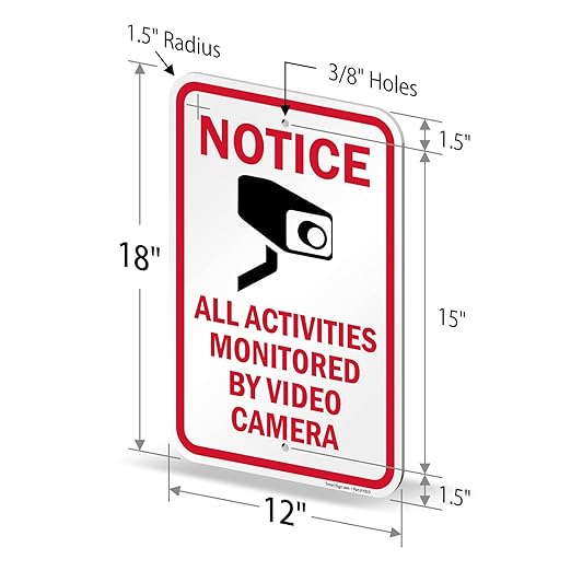 SmartSign 18 x 12 inch “Notice - All Activities Monitored By Video Camera” Metal Sign, 120 mil Aluminum Composite (ACM), Engineer Grade Reflective Material, Red, Black and White, Made in USA