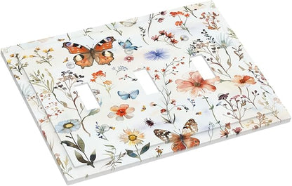 Decorative Switch Plates Butterfly Floral Boho Multicolor Flower Leave 3 Gang Wall Plate Triple Toggle Light Switch Cover Faceplate Electrical Wall Panels for Bed Room living Room Decor