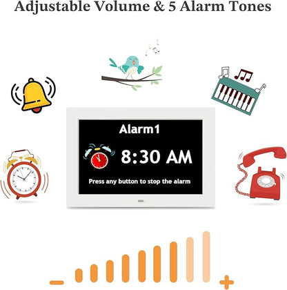 10.1'' Digital Clock, 1280*800p HD Extra Large Display, Dementia Clock For Seniors, 10 Reminders & 6 Alarms, Auto Dimming & DST, Remote Control, Digital Clock With Date, Time, Day Of Week, White