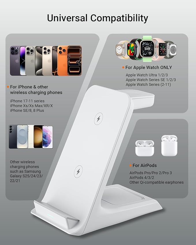 Wireless Charger for Thick Cases of 10MM/Otterbox/for Popsocket, 3 in 1 Charging Dock for iPhone 17 16 15 14 13 Pro Max, Charging Station for Multiple Devices for Apple Watch/AirPods