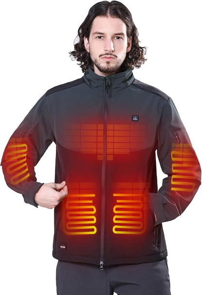 DEWBU Soft Shell Heated Jacket for Men with 12V Battery Pack and Detachable Hood Outdoor Electric Heating Coat