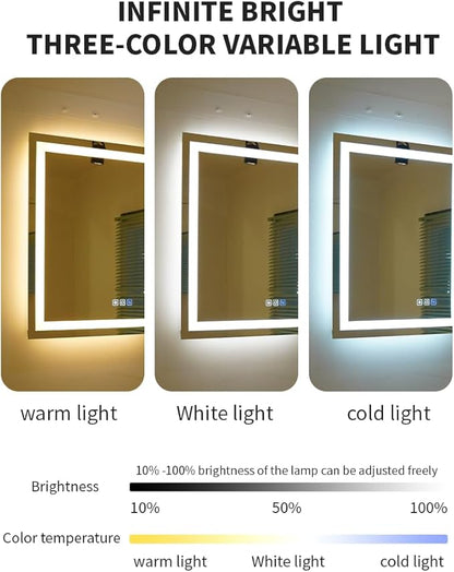 20 * 28inches LED Mirror, Smart Bathroom Mirror with Lights, Anti-Fog, Tempered Glass, 3 Colors Dimmable, Front and Backlit, CRI 90+, Wall Mounted, Memory